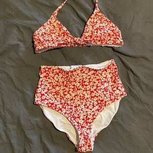 Red and white high waisted bikini set
